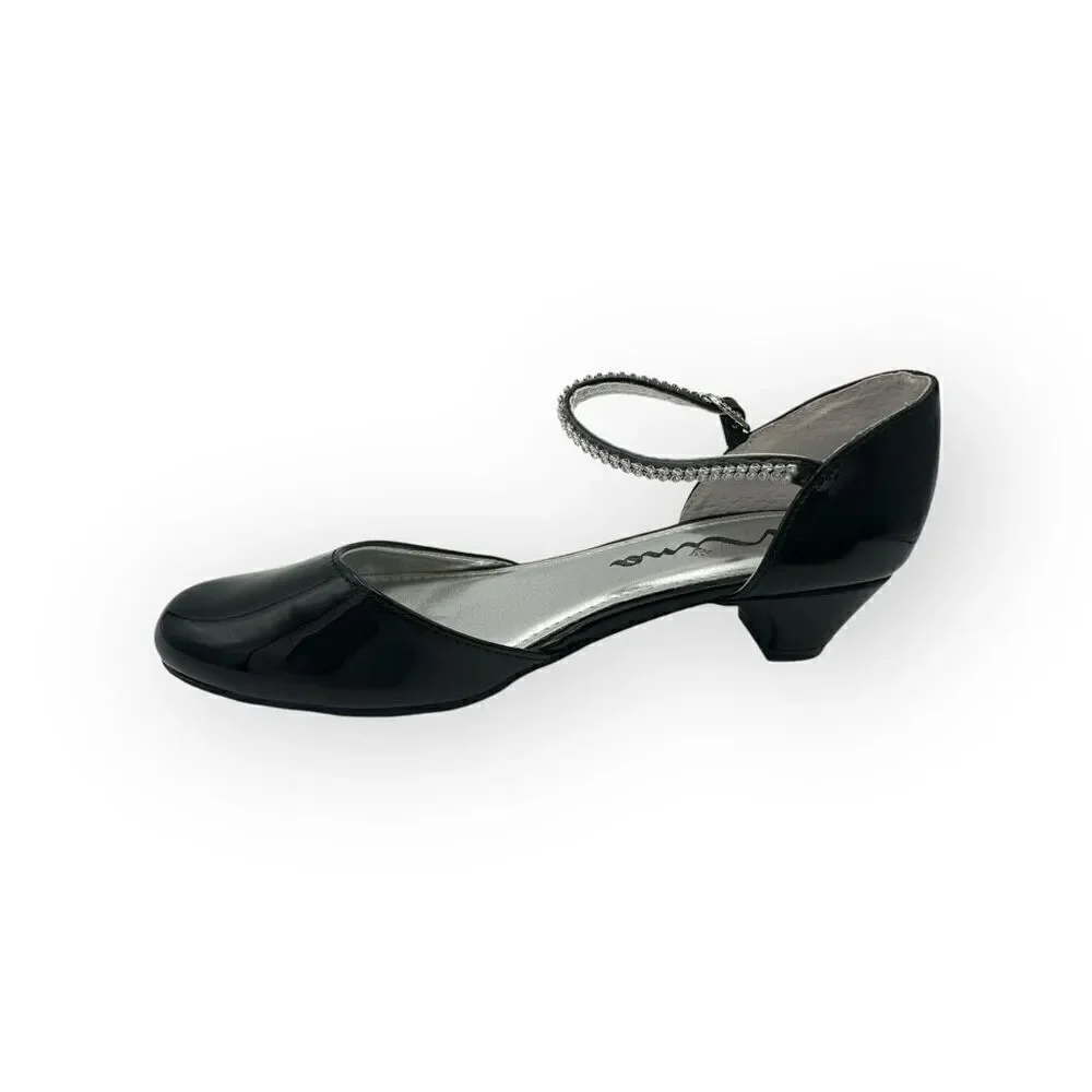 Nina Girls Cera Patent Leather Rhinestone Strap D'Orsay Heels Shoes Black Sz 3M